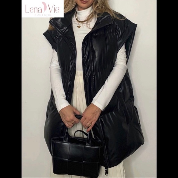 Kimberly All Weather Puffer Vest, Long Stylish Quilted Cap Sleeve Faux Leather - Picture 2 of 5